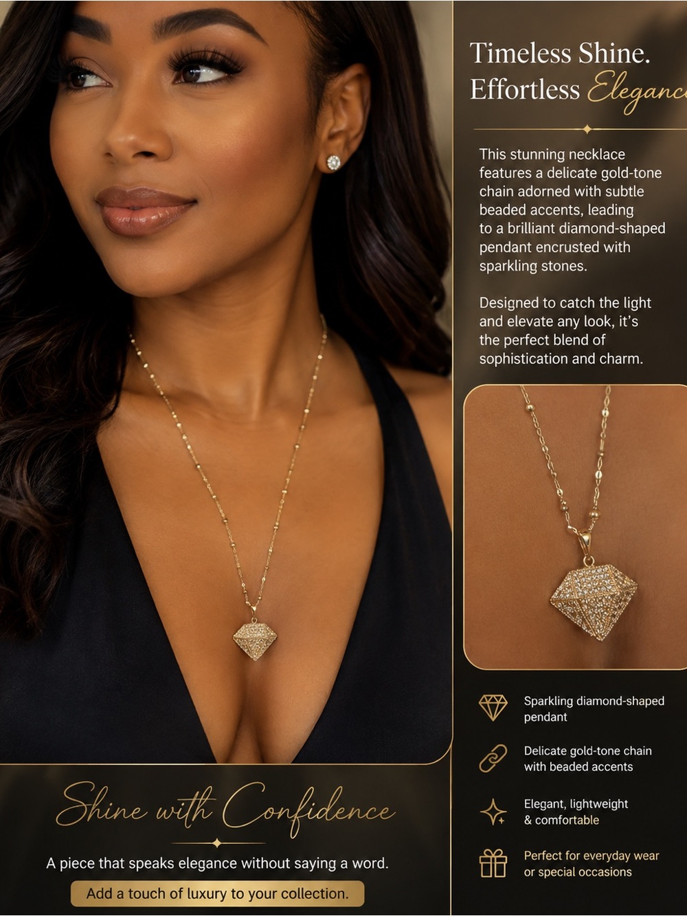Gold Diamond-Shaped Pendant Necklace - Timeless Shine
